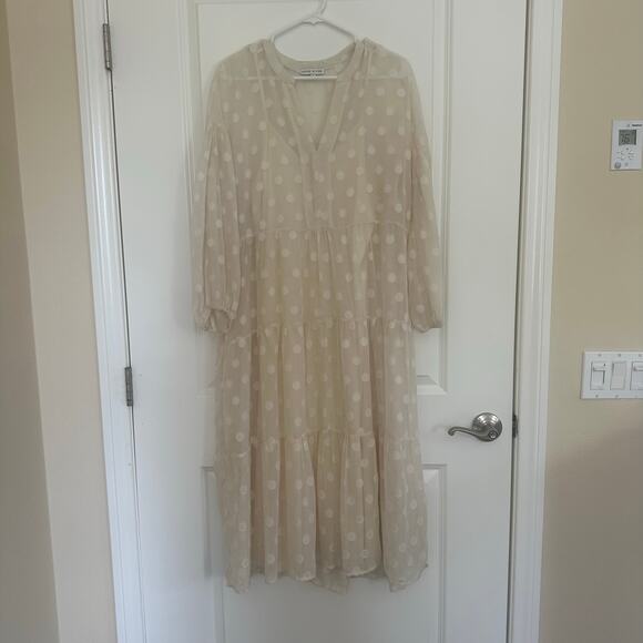 Moon River Sheer Overlay White Polkadot Maxi Dress Size L - Picture 1 of 9